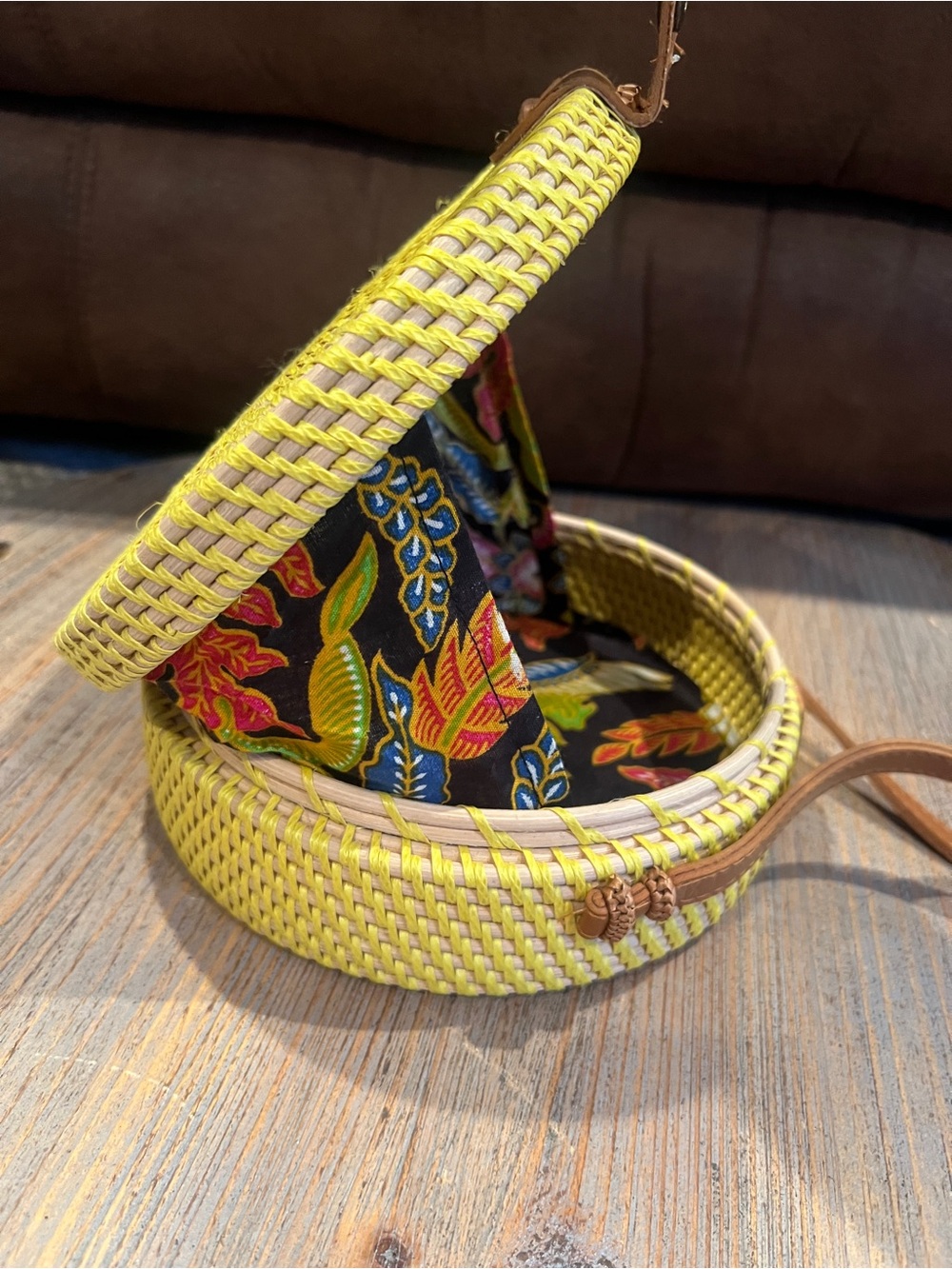 Boho Round Rattan Crossbody Bag Purse yellow Blue Bali Wicker Straw Beach/Summer - Picture 8 of 12